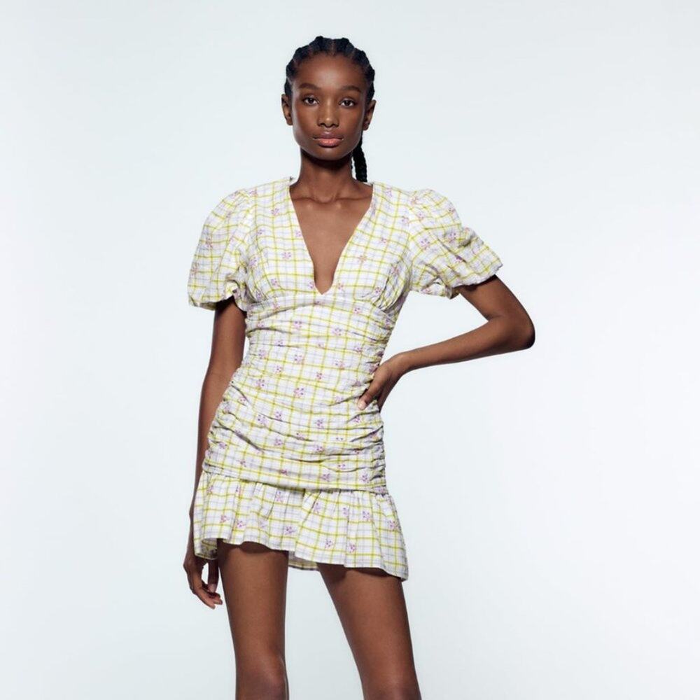 Zara Yellow and White Plaid Mini Dress